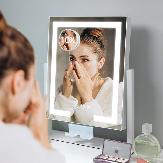 Kottova Lighted Makeup Mirror, Hollywood Vanity Mirror with Lights, Three Color Modes, Smart Touch Control, with Detachable 10X Spot Mirror, Metal Frame, 360° Rotation（14.5in,White）