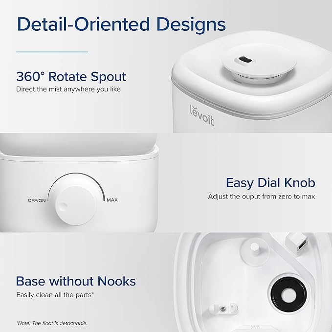 LEVOIT Top Fill Humidifiers for Bedroom, 2.5L Tank for Large Room, Easy to Fill & Clean, 28dB Quiet Cool Mist Air Humidifier for Home Baby Nursery & Plants, Auto Shut-off and BPA-Free for Safety, 25H