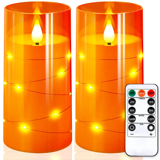 NURADA 3"x6"Flickering Flameless Candles: Built-in Star String Lights 3D Wick Battery Operated LED Pillar Candles with Remote and Timer for Thanksgiving Dinner Tables Wedding Home Fall Decor Orange