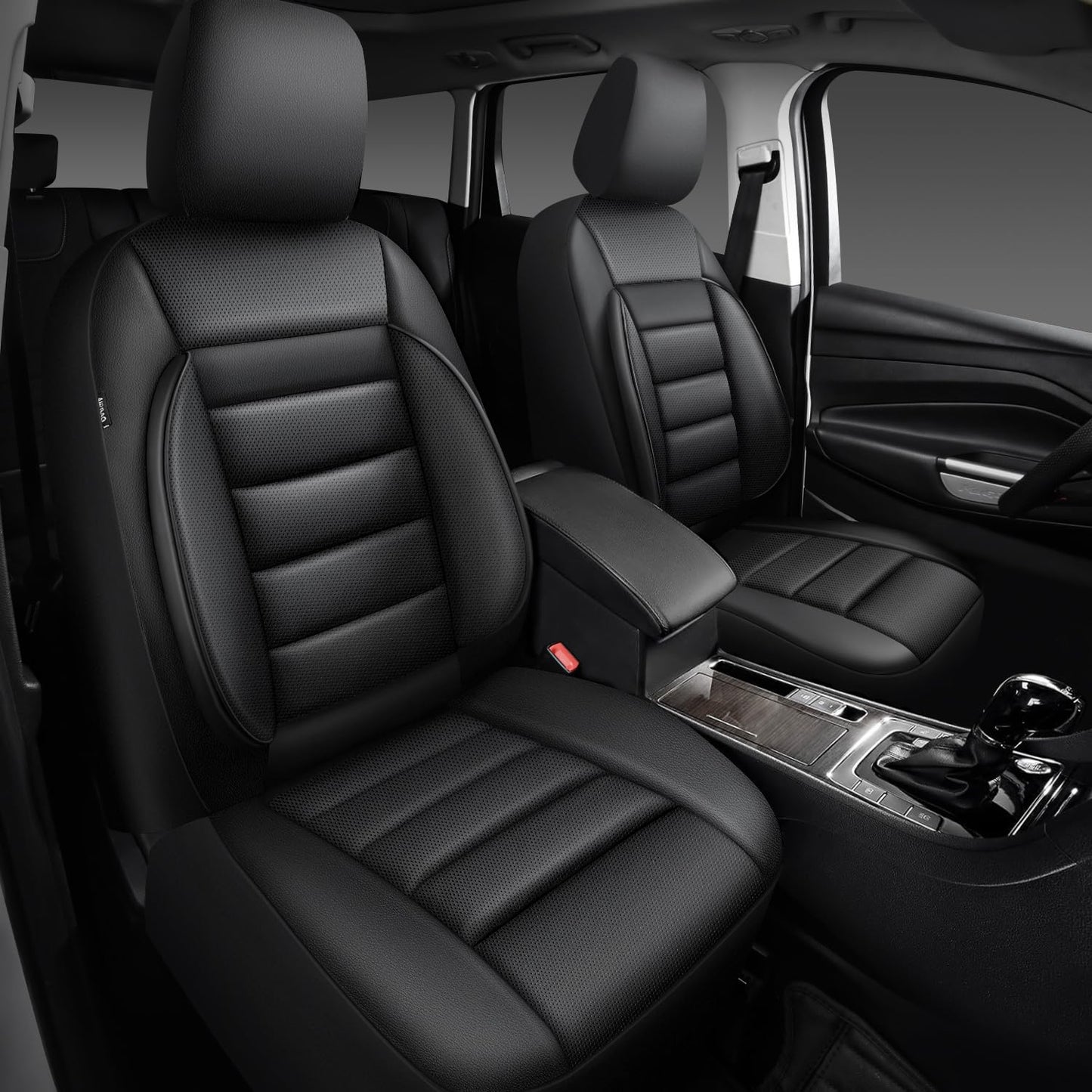 CAR PASS Faux Leather Car Seat Covers Front Seats Only, 3D Foam Support Car Seat Covers, Universal fit for Trucks Vans SUVs Sedans Automotive Comfortable, Airbag Compatible 2 Pieces Front Solid Black