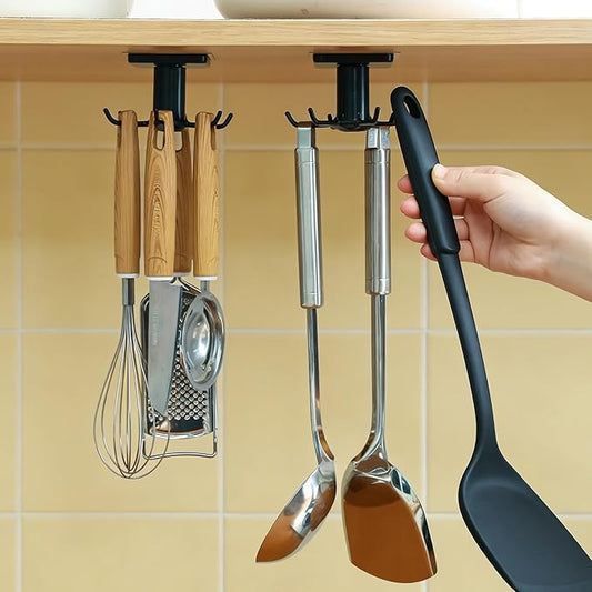360° Rotating Kitchen Hooks, Adhesive Utensil Organizer Rack with 6 Hooks - No Drill Cabinet Mount for Spoons, Towels & Cups (1pcs)