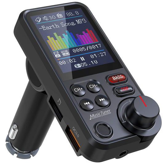 Nulaxy FM Bluetooth Transmitter for Car, Strong Microphone Bluetooth Car Adapter with 1.8" Color Screen for Hands-Free Calls, Supports QC3.0 Charging, Treble and Bass Sound Music Player- KM30
