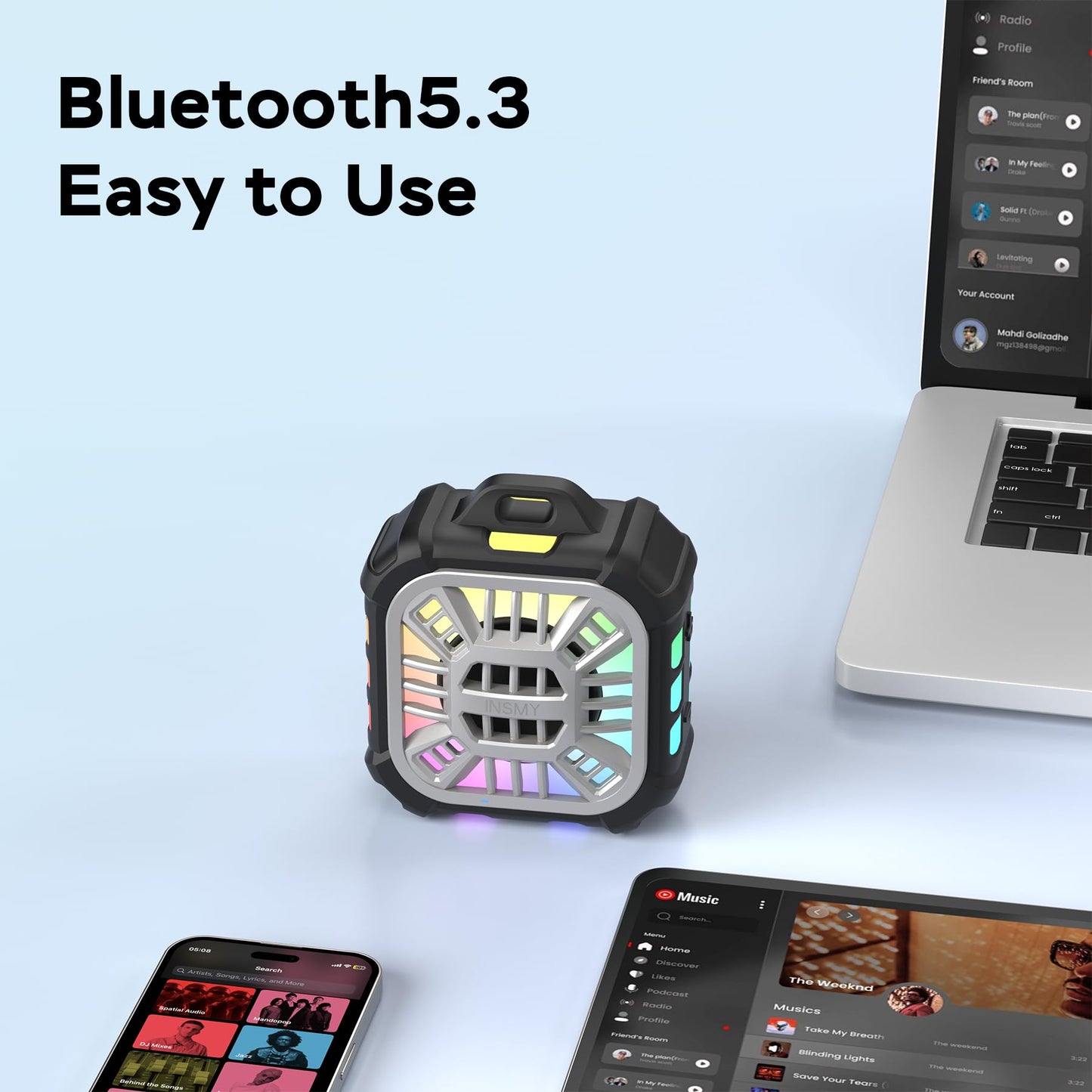 INSMY Shower Bluetooth Speaker, IP67 Waterproof Portable Small Wireless Link Over 100+ Speakers, Big Volume Booming Bass, 24H Playtime/Floatable/RGB Lights for Outdoor/Kayak/Beach/Golf (Black)