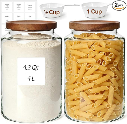ComSaf 2Pcs (4.2Qt) Wide-Mouth Flour Sugar Storage Containers - Include Scoops & Labels, Easy to Scoop & Airtight, Large Glass Jar for Bakers to Store Bulk Flour, Rice, and Dry Goods in Kitchen Pantry