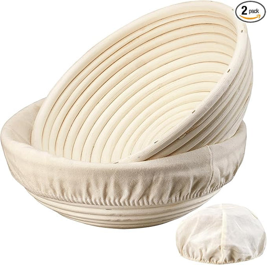 Dimpola Banneton Bread Proofing Basket - 9 inch Banneton Basket Set of 2 Sourdough Proofing Basket Round Proofing Bowls Handmade Rattan Baskets and Liners