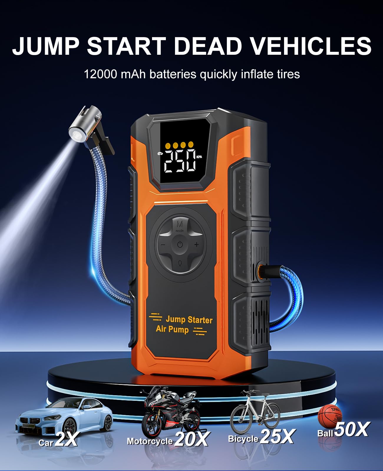 Tire Inflator Portable Air Compressor, 150 PSI Cordless Mini Air Pump for Car, Motorcycle, Bikes, Balls with Pressure Gauge&Auto Shutoff Function, 3500A Car Battery Jump Starter with LED Light