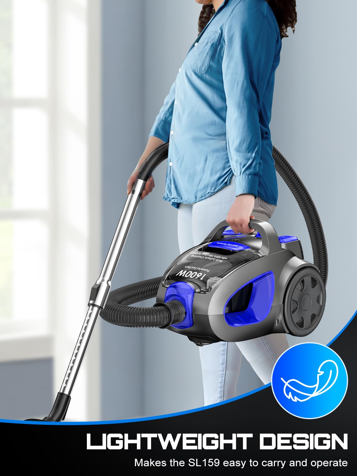Canister Vacuum Cleaner, 32Kpa 1600W Cyclon Power Bagless Canister Vacuum Cleaners for Home, 3.7QT Large Dust Cup, Lightweight Vac for Hard Floors, Carpets, Pet Hair, Blue