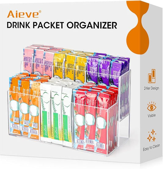 AIEVE Drink Packet Organizer, 2-Tier Water Flavor Packet Holder for Pantry Storage, Acrylic Drink Mix Organizer Hydration Powdered Mixes Holder Container for Cabinet Kitchen Storage