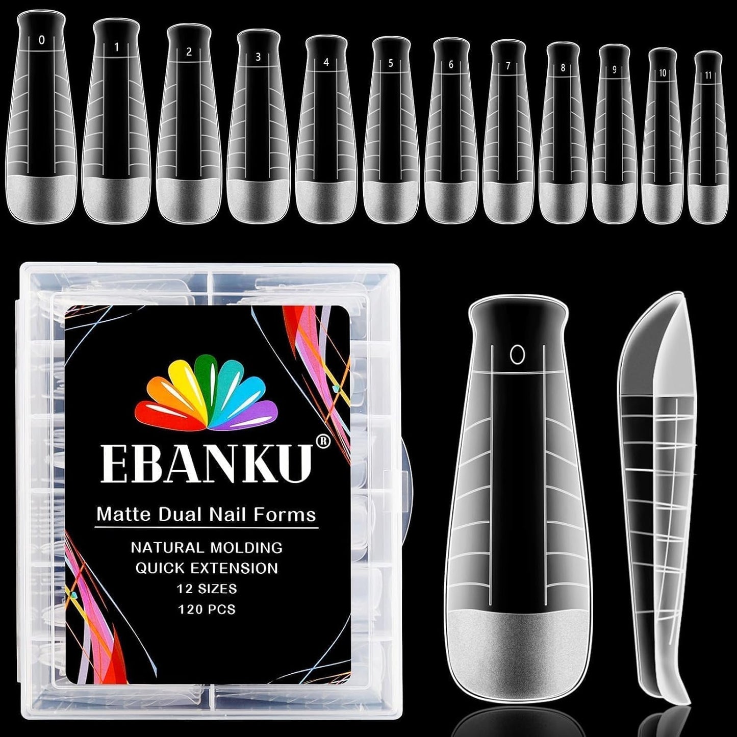 EBANKU Poly Gel Nail Forms, 120 PCS T-Shape Dual Nail Forms for Builder Gel Square Nail Extension Tips for Structure Nail Art Manicure Tools Salon at Home-12 Sizes