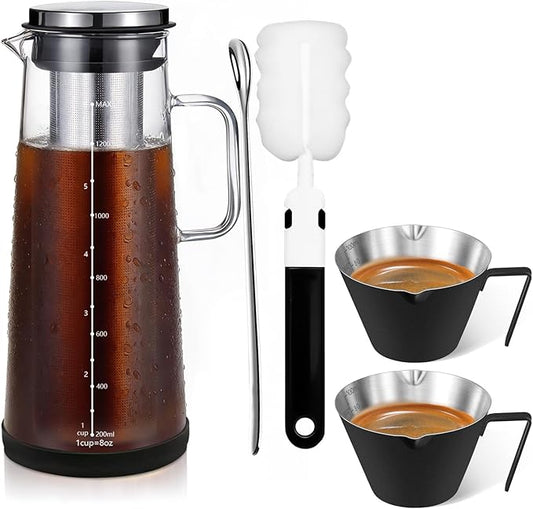 Cold Brew Coffee Maker 1.4L/48oz with Extended Filter & 2 Pcs Stainless Steel Espresso Cup (Black), Coffee Brewing Set with Cleaning Brush, Stirring Spoon & 3.4oz/100ml Dual Scale Measuring Cup