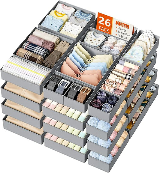 DIMJ Drawer Organizer Clothes Storage - 26 Pack Baby Dresser Organizer for Nursery, Foldable Closet Drawer Organizer Bins for Bedroom Organization, Fabric Storage Dividers for Socks, Underwears, Bras