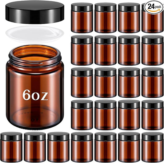 Domensi 24 Pcs Bulk 6oz Glass Jars with Lids Leakproof Round Airtight Empty Cosmetic Jars with Inner Liners Lid for Storing Lotions Spices Ointments Food Storage (Amber)