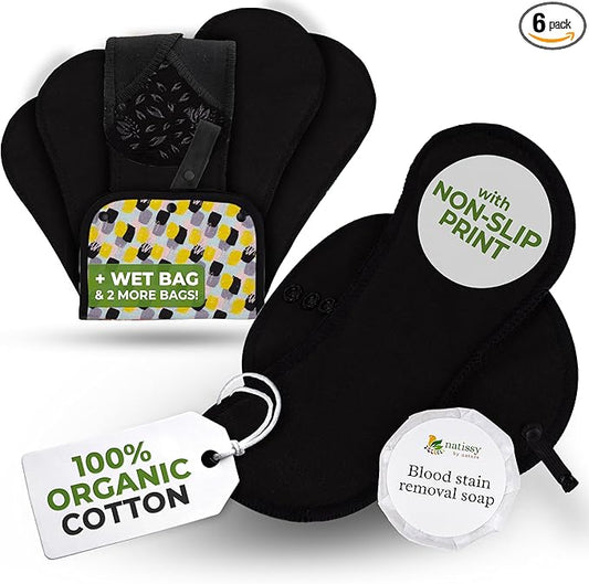 Non-Slip Organic Reusable Period Pads for Heavy Flow & Incontinence (L+XL, 6-Pack); High-Temp Cotton Washable Cloth Pads for Women; Non-Irritating, Soft Reusable Pad Menstrual for Comfortable Care
