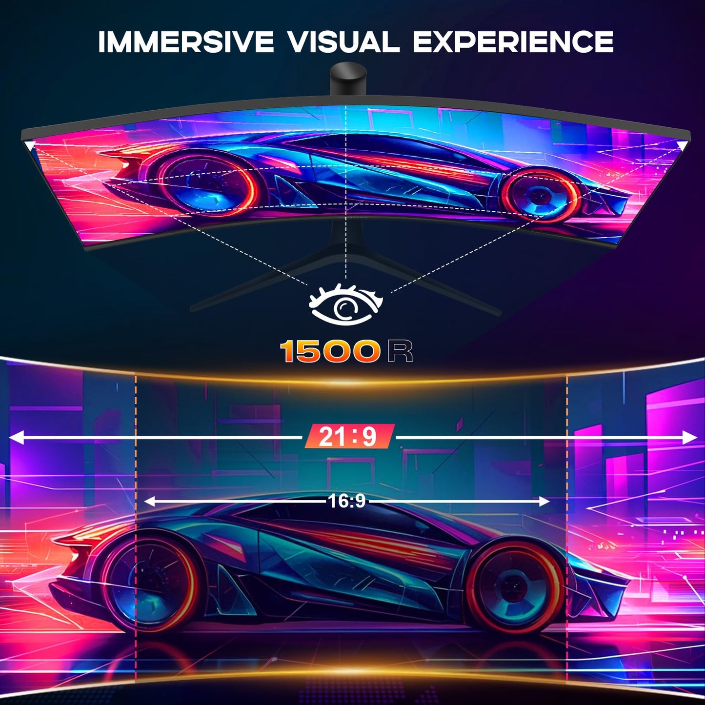 34 Inch Curved Monitor with Speaker, 180Hz UWQHD 3440x1440 Ultrawide Curved Gaming Monitor Split Screen, 4000：1 Contrast, sRGB 126%, FreeSync & G-SYNC, HDMI, DisplayPort, VESA, Height/Tilt/Swivel