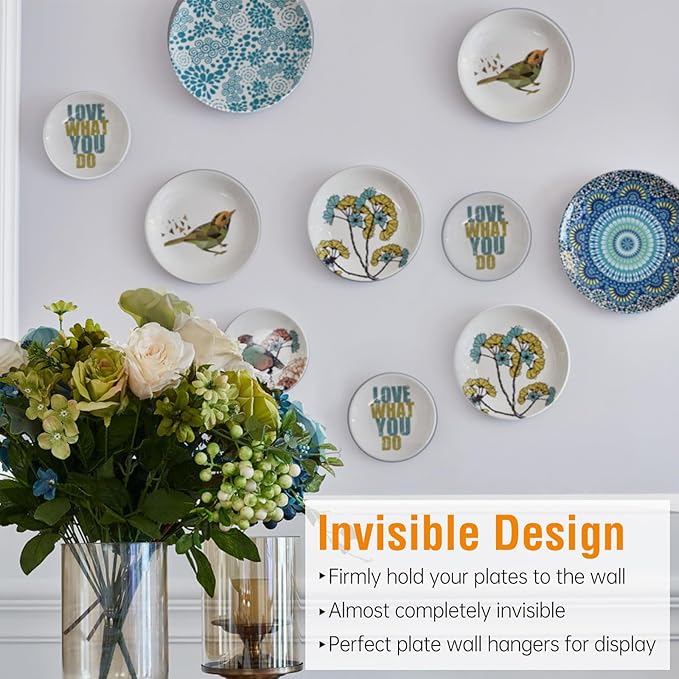 Bilillo 14 Pcs Plate Hangers for the Wall - 8/10/12/14/16 Inch Invisible Plates Hanger, Stainless Steel Plate Holders with 14 Pieces Wall Hooks for 7.5 to 19.5 Inch Decorative Plates and Arts (Silver)