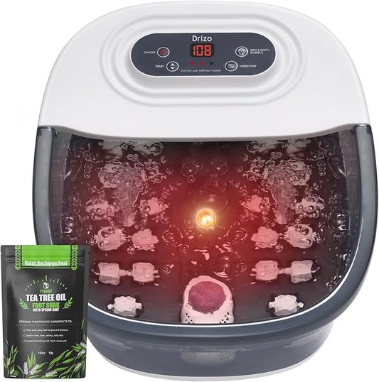 drizo Foot Spa Bath Massager with Heat, Vibration, Temp Control, Bubbles, Epsom Salt and Red Light,Foot Soaker with 22 Massage Rollers, Bath Massager for Relax,Gray