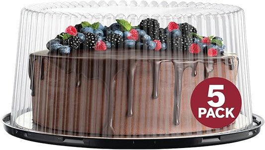 9" Plastic Disposable Cake Containers Carriers with Dome Lids and Cake Boards | 5 Round Cake Carriers for Transport | Clear Bundt Cake Boxes/Cover | 2-3 Layer Cake Holder Display Containers