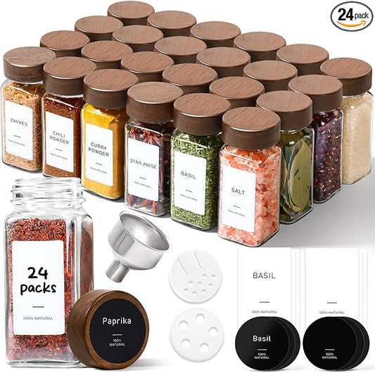ComSaf 24Pcs (4Oz) Glass Spice Jars with Label, Airtight Seasoning Containers with Lid for Home Cooks to Organizing Herbs, Sugar, Pepper, Salt, Glass Spice Bottles Organize Cabinet & Drawer