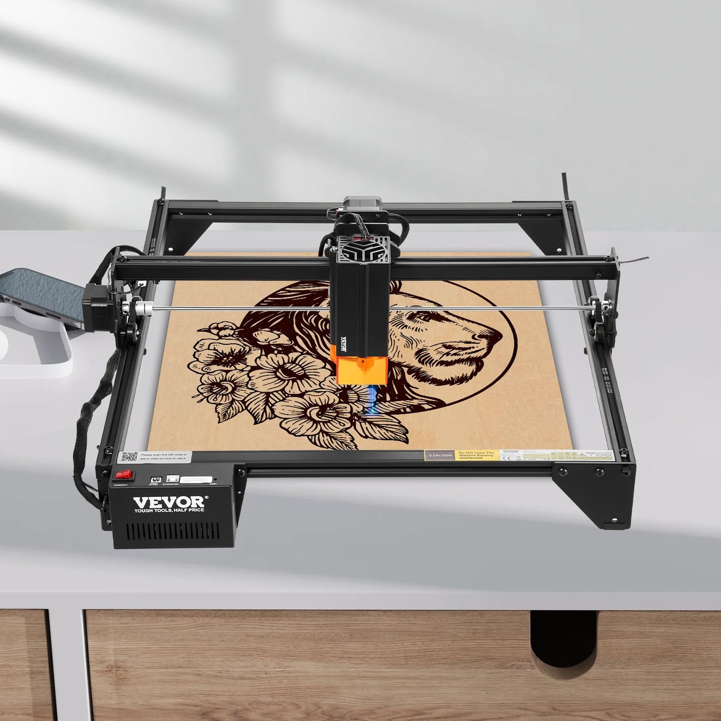 VEVOR 10W Output, Laser Engraving Cutter Machine, 14.9 x 15.7 in/38 x 40 cm Working Area, 10000 mm/min Movement Speed, Compressed Spot with Eye Protection, for Wood, Certain Metal, Black