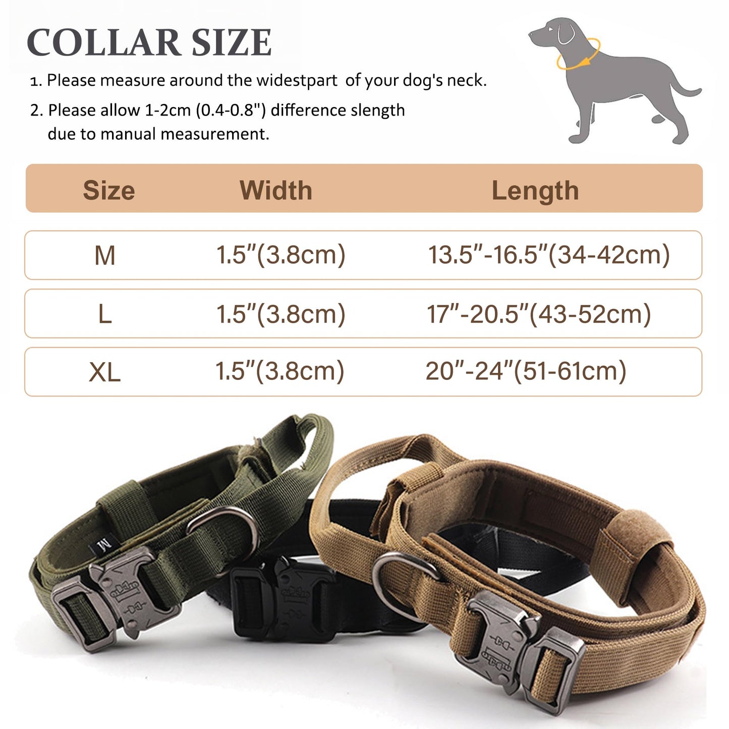 Tactical Dog Collar, Adjustable Military Training Nylon Dog Collar with Control Handle and Heavy Quick-Release Metal Buckle for Small Medium Large Dogs, Black L
