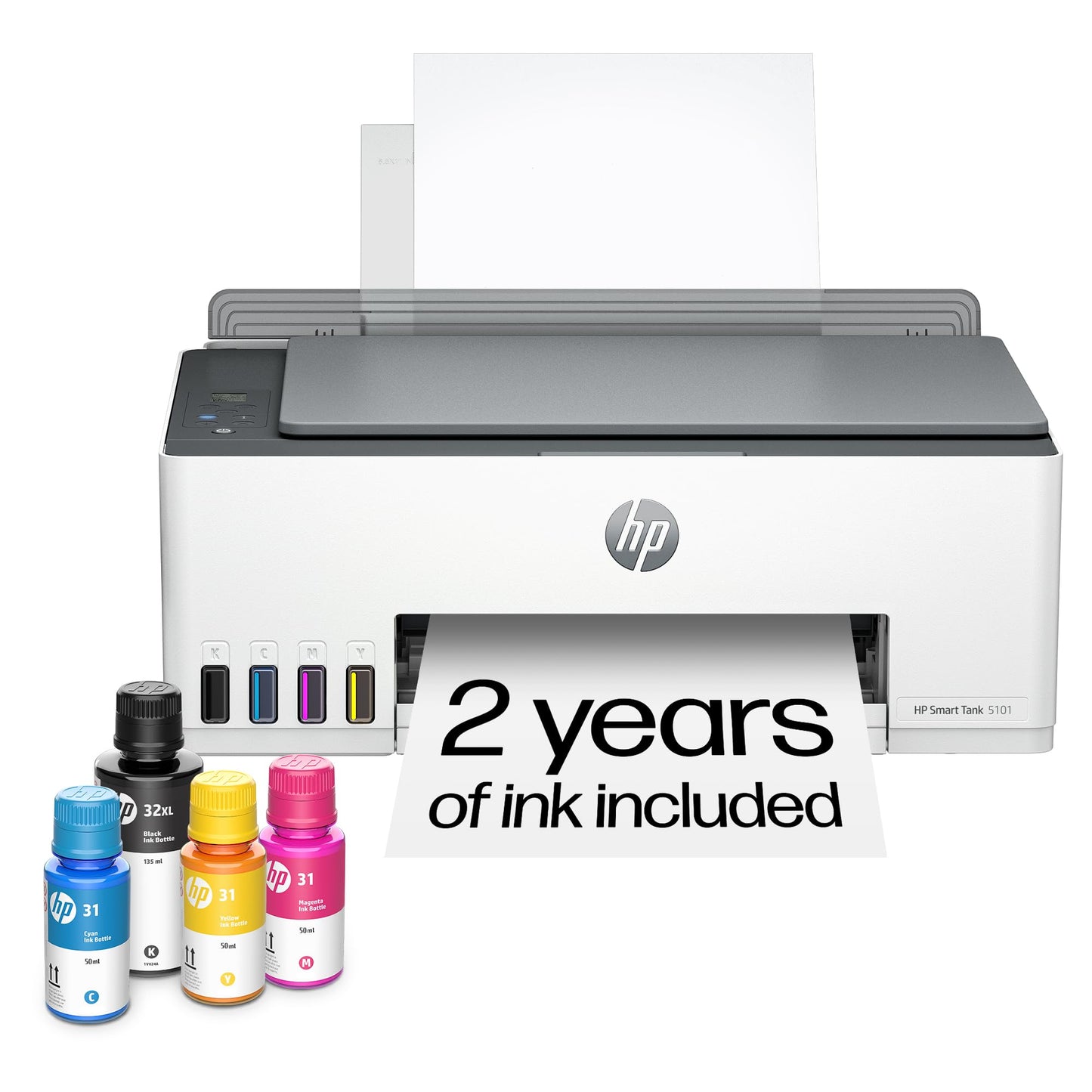 HP Smart Tank 5101 Wireless All-in-One Ink Tank Printer, Scanner, Copier with 2 years of ink and 100 sheets of photo paper included, Best-for-home, Refillable, AI-enabled (1F3Y0A)