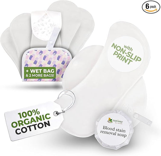 Non-Slip Organic Reusable Period Pads for Light Flow (S+M, 6-Pack); High-Temp Washable Cotton Cloth Pads for Women & Teens; Non-Irritating, Soft Reusable Pads Menstrual for Comfortable Period Care