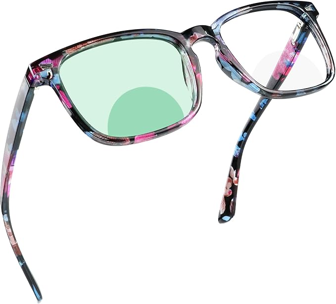 YEIN Bifocal Reading Glasses with Blue Light Blocking Lenses, Bifocal Reader for Women, Vintage Square frame with Spring Hinge (+0.00/+1.25 magnification)