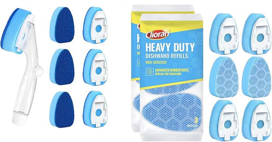 Dishwand Refills Soap Control Handle,6 Heavy Duty Dish Wand Sponge Heads,Non Scratch Scrubbers Replacement Refill Brush Dispenser,Dishwashing Scrub