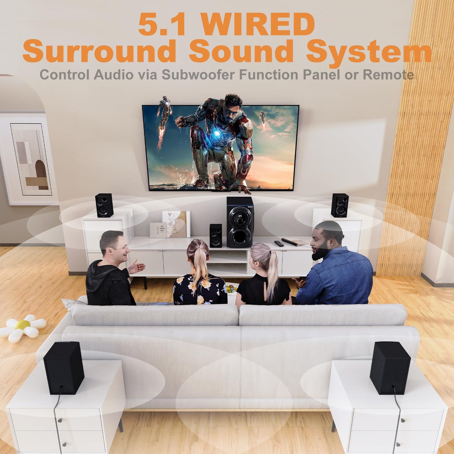 Home Theater Sound System 5.1 Surround Sound Systems - 1400 Watts Peak Power 12" Subwoofer Strong Bass 5.1 Wired Home Audio Stereo Sound with Bluetooth HDMI ARC Optical Input for TV