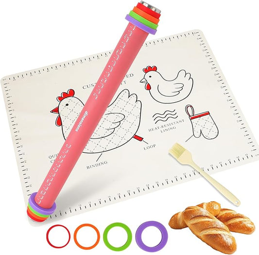 3Pcs Adjustable Rolling Pin Sets with Thickness Rings for Baking,Pastry Dough Roller with Silicone Mat and Brush,Non Stick Silicone Rolling Pin for Dough Cookie Baking Supplies Kitchen Accessories