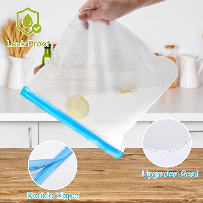 Lerine 9 Pack Reusable Gallon Freezer Bags Dishwasher Safe, BPA Free Reusable freezer Bags 1 Gallon, Extra Thick Leakproof Food Storage Bags for Meal Prep, Fridge Kitchen Organization (Gray, 9Gallon)