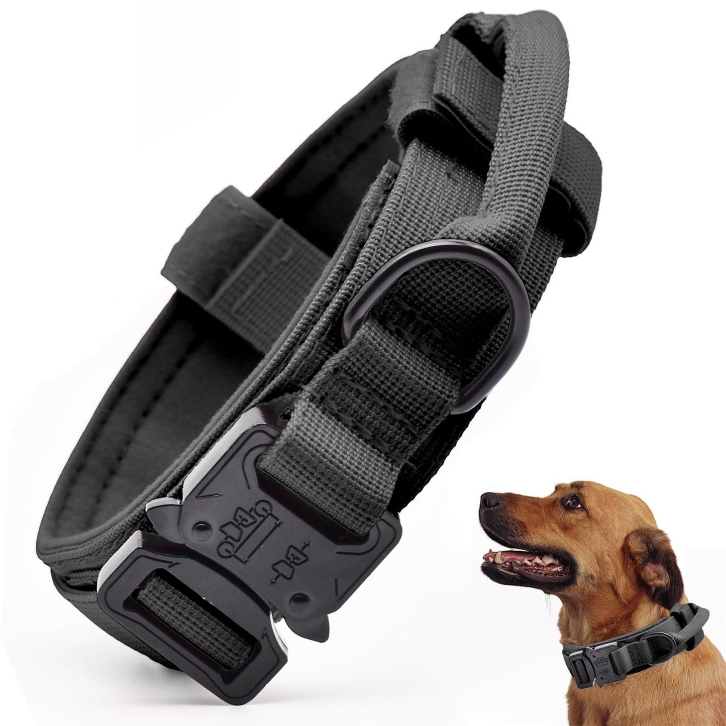 Tactical Dog Collar, Adjustable Military Training Nylon Dog Collar with Control Handle and Heavy Quick-Release Metal Buckle for Small Medium Large Dogs, Black L