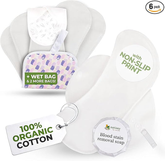 Non-Slip Organic Reusable Period Pads for Heavy Flow & Incontinence (L+XL, 6-Pack); High-Temp Cotton Washable Cloth Pads for Women; Non-Irritating, Soft Reusable Pad Menstrual for Comfortable Care