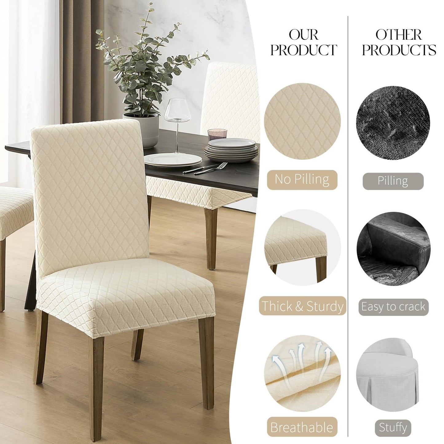 MOSAYT 100% Waterproof Dining Room Chair Covers Set of 4, Super Fit Stretch Jacquard Parson Chairs Slipcovers Removable Washable Chair Seat Protectors for Home, Kitchen, Banquet (Beige)