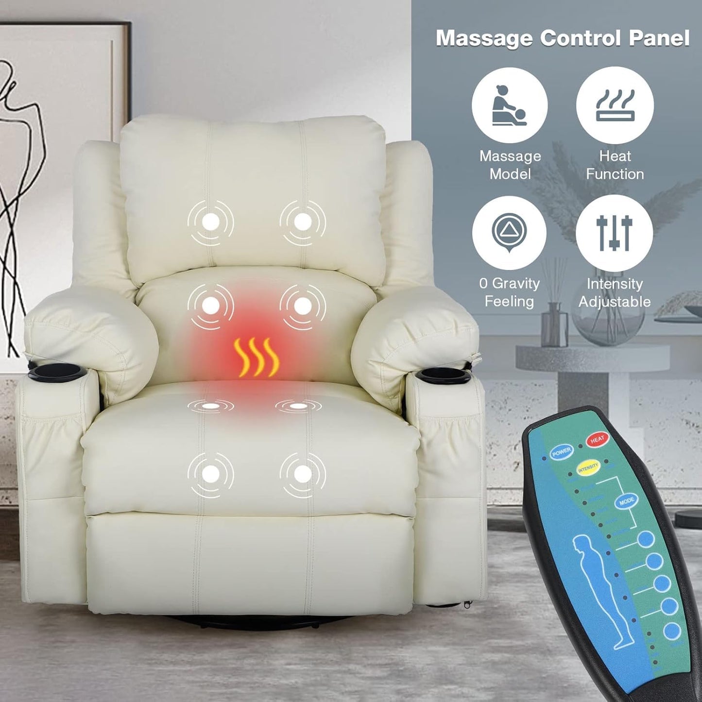 KCREAM White Recliner Rocker Chairs with Heat,Massage Chair Recliner Oversized Leather Swivel Recliners for Living Room, Manual Reclining Lounge Chairs Overstuffed Single Sofa Chair for Adults