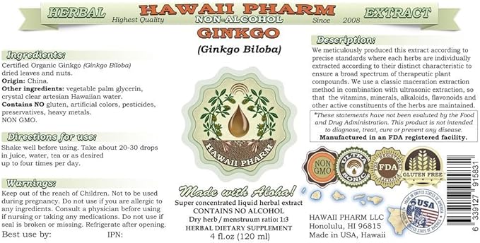 Ginkgo Alcohol-Free Liquid Extract, Organic Ginkgo (Ginkgo Biloba) Dried Leaf Glycerite Hawaii Pharm Natural Herbal Supplement 2x32 oz Unfiltered