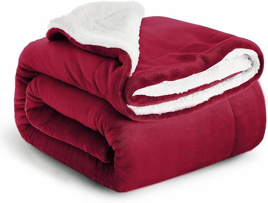 IR Imperial Rooms Sherpa Blankets Queen Size - Thick and Warm Blankets for Winter, Reversible Soft and Fuzzy Fluffy Queen Size Blanket for Bed, Burgundy, 90x90 Inches