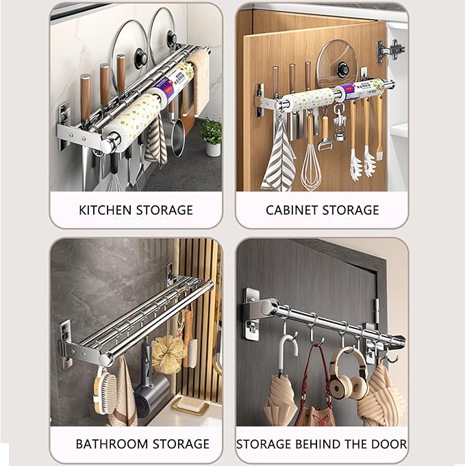Hanging Wall Mount knife Wall Mount, Kitchen Organizer Storage Shelf for Utensils Spatula Spoon, Space-Saving Knife Rack with Hooks,Wall-Mounted Utensil Holder (Black, 50CM+Three Poles+8Hooks)