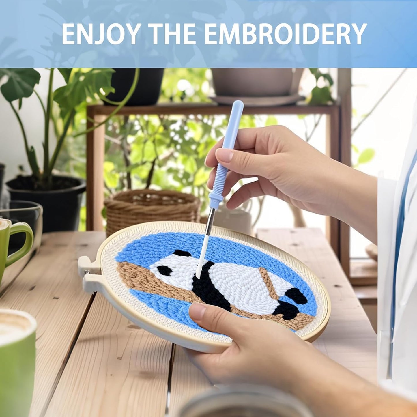 Danvk Panda Punch Embroidery Kit with Embroidery Fabric, Hoop,Scissor,Punch Needle and Yarns, Hand Craft Gift,DIY Embroidery Kits, Hand Punch Needle Kit for Women and Kids Beginners(Panda-Climbing)