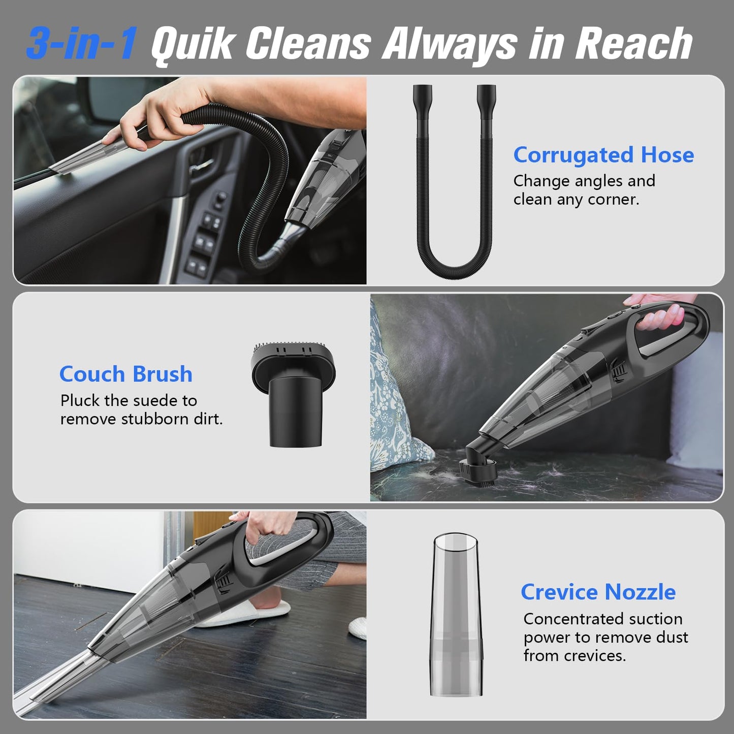 BSRCO Handheld Vacuum Cordless Rechargeable, Car Vacuum Cleaner with LED, USB Charge, 1.65LBs Hand Vacuum Cordless, for Car/Home/Pet