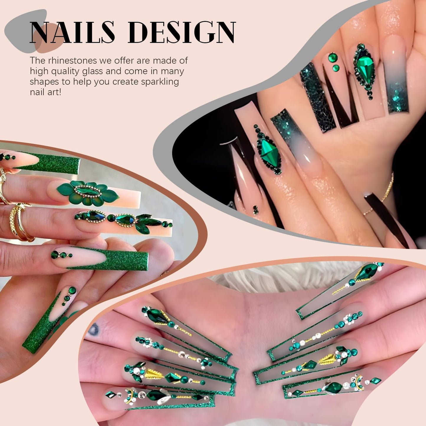 3220Pcs Emerald Green Glass Nail Rhinestones 120Pcs Multi Shapes Flatback Nail Gems +3100Pcs 1.5-4mm Round Crystal with Rhinestones Glue Gel, Manicure Nail Charms Diamond Gemstones for Nail Art