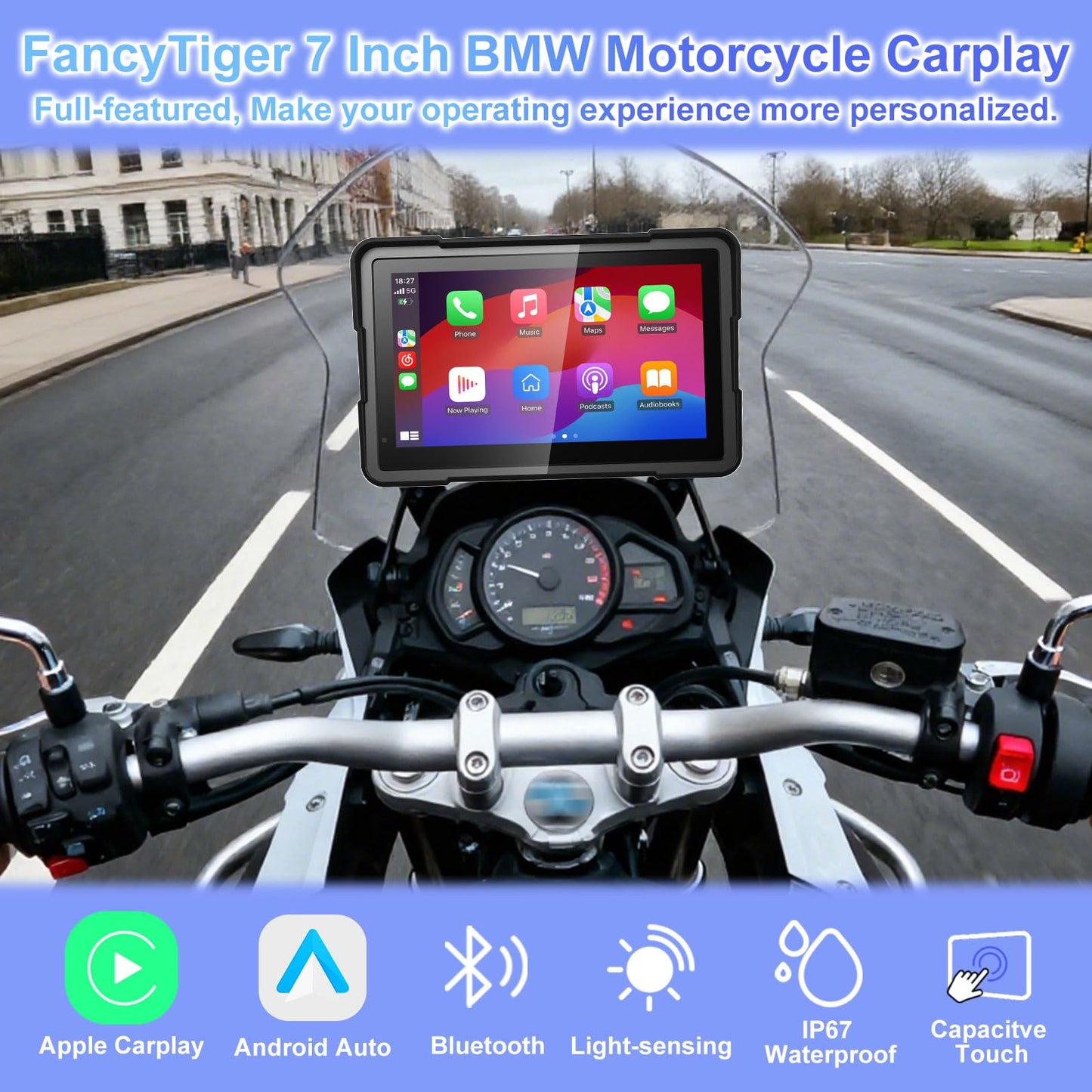FancyTiger BM700 for BMW Motorcycle CarPlay & Android Auto, 7" IP67 Waterproof GPS Navigation Screen, Data Reading, Native Wonder Wheel Control, BT, TPMS, Light Sensor, Music Sharing, Intercom,16-Pin