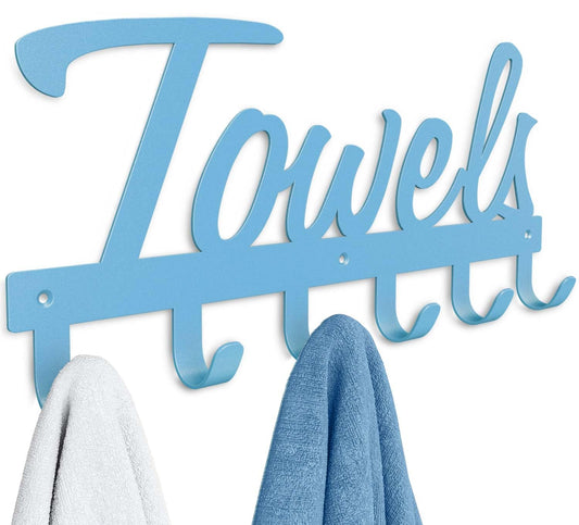 Livelab Towel Rack, Towel Racks for Bathroom Wall Mounted, 6 Hooks Blue Metal Towel Holder for Bathroom Space Saving, Waterproof Rustproof Easy Install Bathroom Decor Towel Hanger Organizer