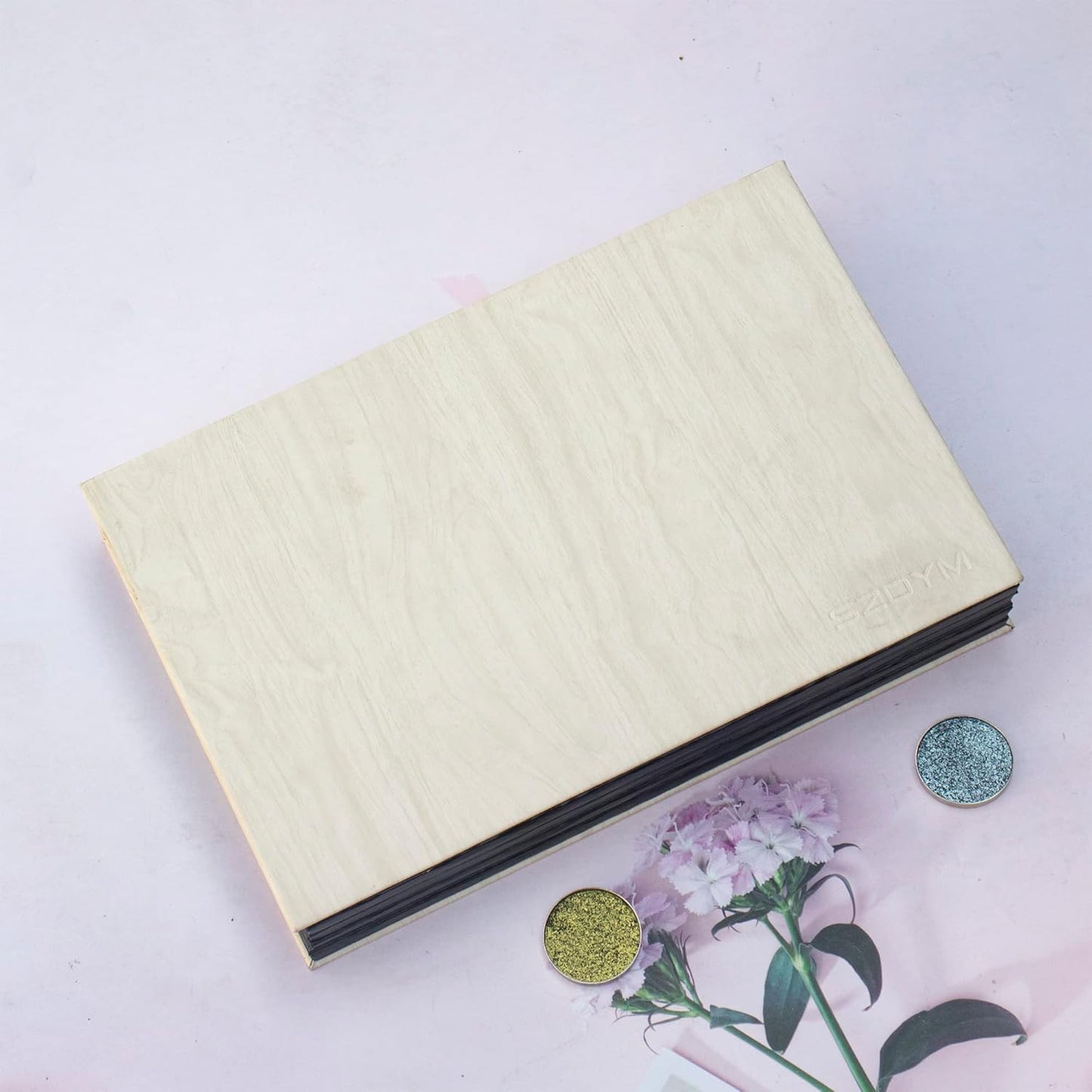 Strong 4-layers Empty magnetic palette book palette（White wood grain）+1pcs Makeup Depotting Spatula+50pcs Round Metal Stickers+50pcs Square Metal Stickers