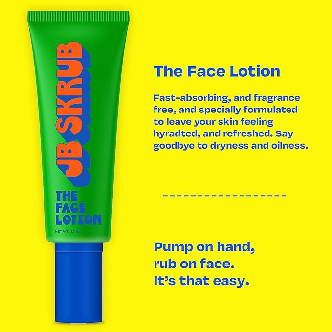 JB SKRUB The Face Lotion - Hydrating Skin Care for Kids and Teens, Acne Face Moisturizer, Fast-Absorbing & Oil-Control, Blue Light Protection, Vegan & Cruelty-Free, 1.7 oz