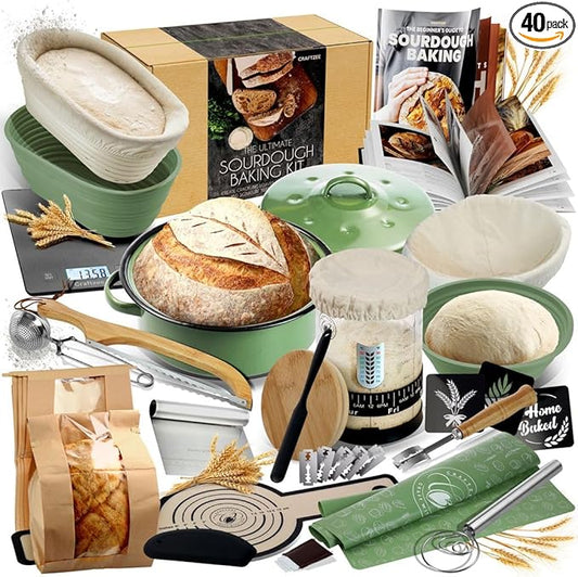 CraftZee All-Inclusive 𝗣𝗥𝗘𝗠𝗜𝗨𝗠 Sourdough Starter Kit with Pot, 34 Oz Starter Jar, 4 Banneton Bread Proofing Baskets, Scraper, Scale, Sourdough Bread Baking Supplies, Beginner Guide & Recipes