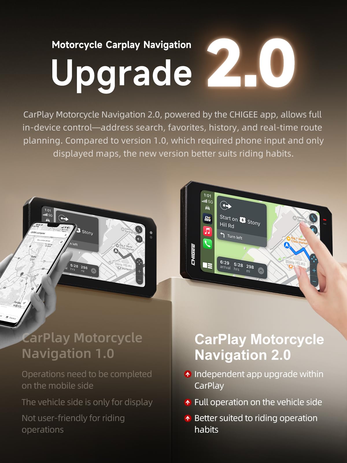 CHIGEE AIO-6 MAX Motorcycle Carplay Android Auto GPS Navigation System, 2000nits,STARVIS HDR 6" LCD, 60FPS,5G Wi-Fi BT, IPX9 Waterproof, Support Siri Google Assistant, Dedicated App