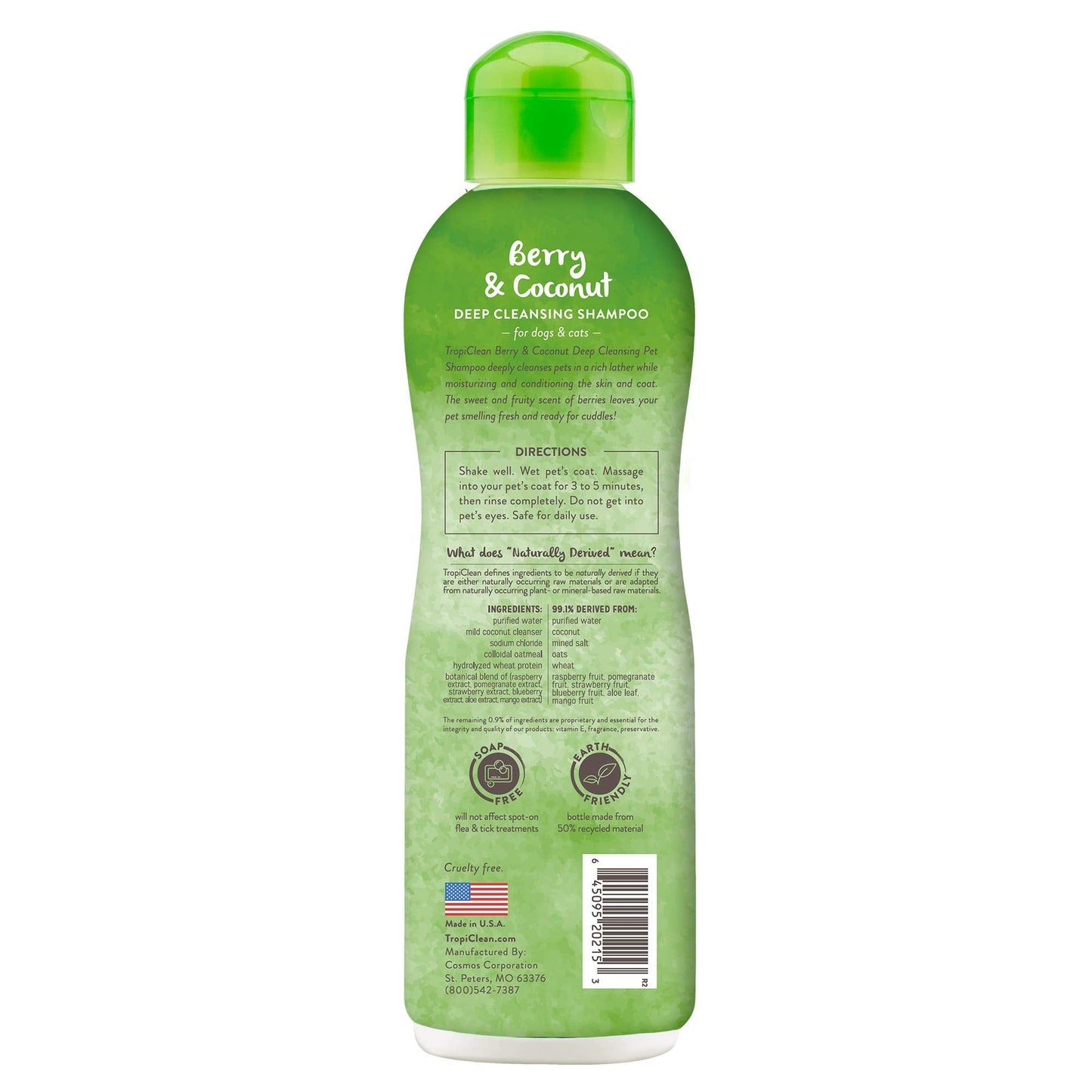 TropiClean Deodorizing Dog Shampoo for Smelly Pets, Long Lasting Odor Control, Puppy Safe, Made in the USA, Berry Scent, Cat Friendly, 20oz.