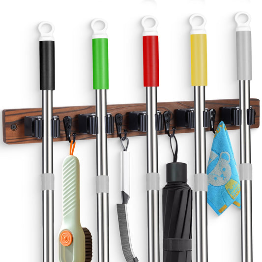 Broom Holder Wall Mount With 5 Slots & 4 Hooks，Rustic Wood Broom & Mop Hanger，Wall Mounted Garden & Garage Tool Storage Organizer Rack for Closet Laundry Room or Kitchen Wall Decor