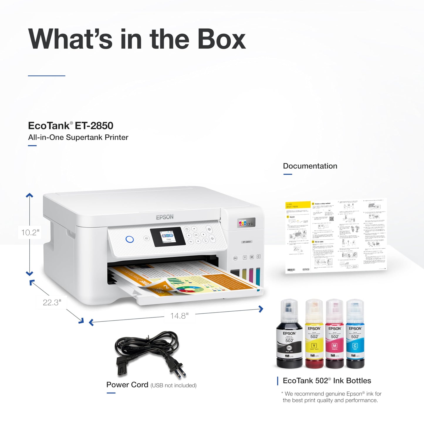 Epson EcoTank ET-2850 Wireless Color All-in-One Cartridge-Free Supertank Printer with Scan, Copy and Auto 2-Sided Printing - White, Medium